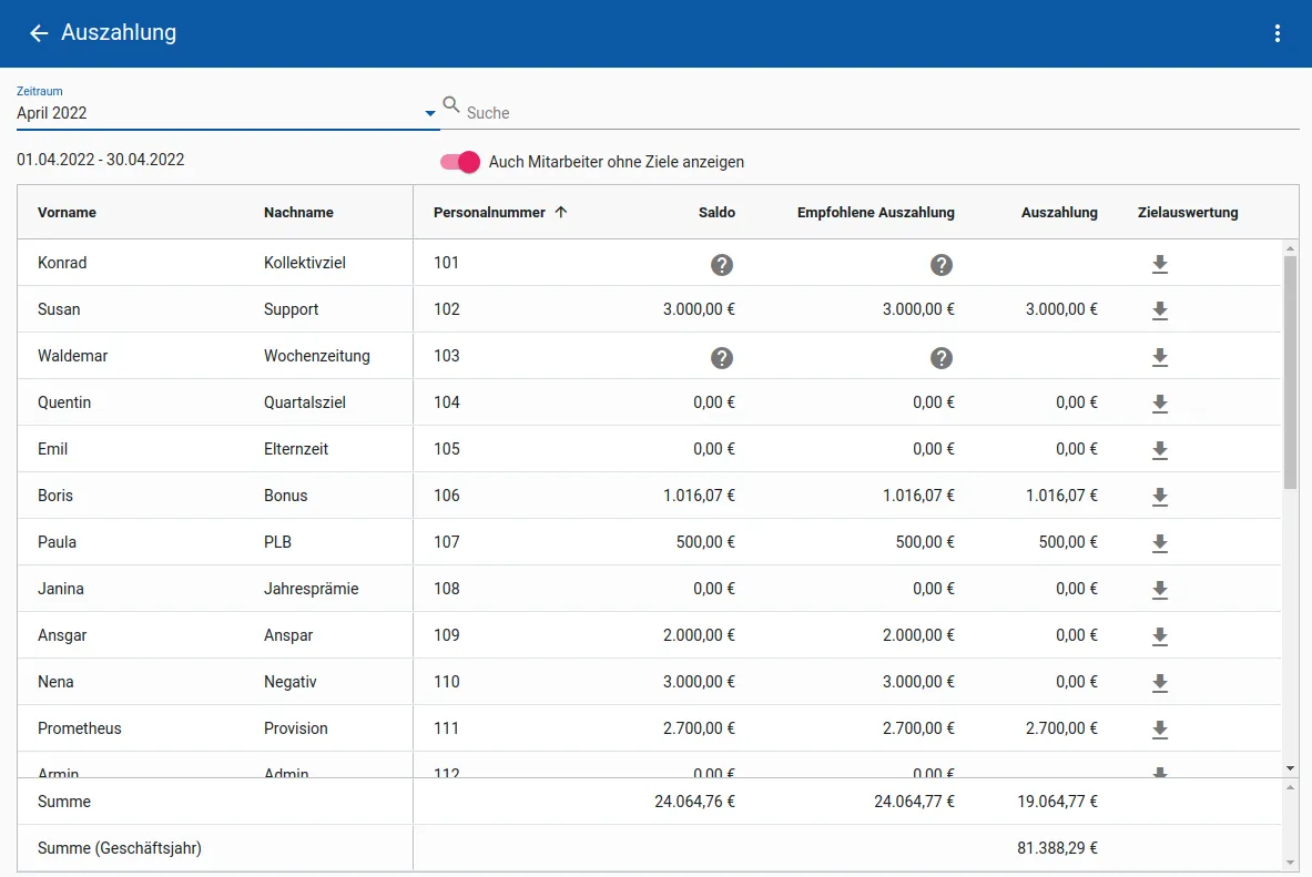 Screenshot Auszahlung