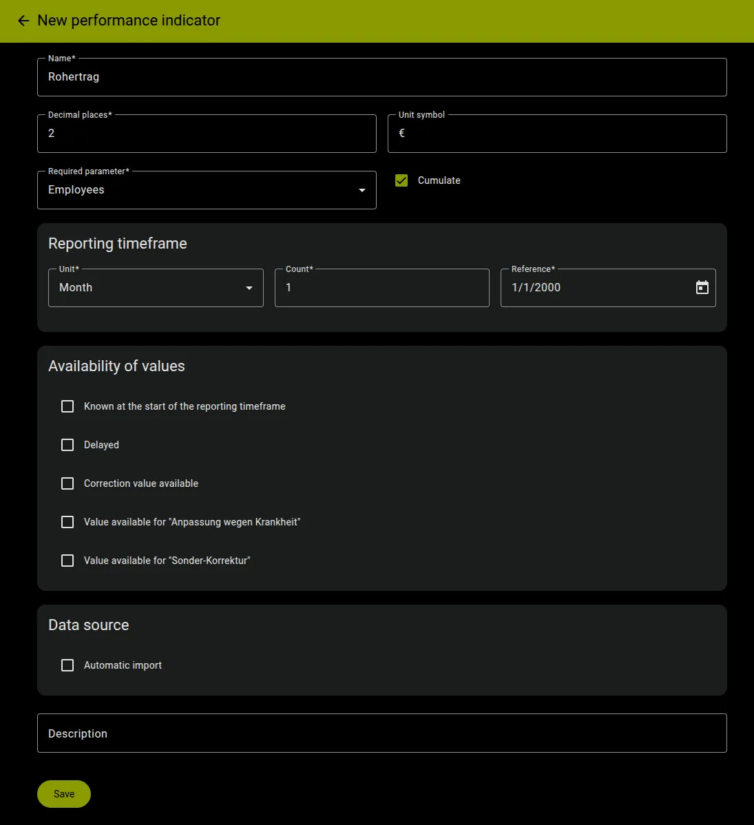 Screenshot Leistungskennzahl erstellen