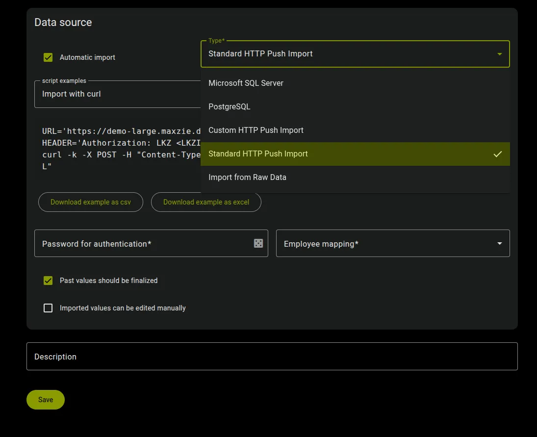 Screensshot Leistungskennzahl Import-Einstellungen