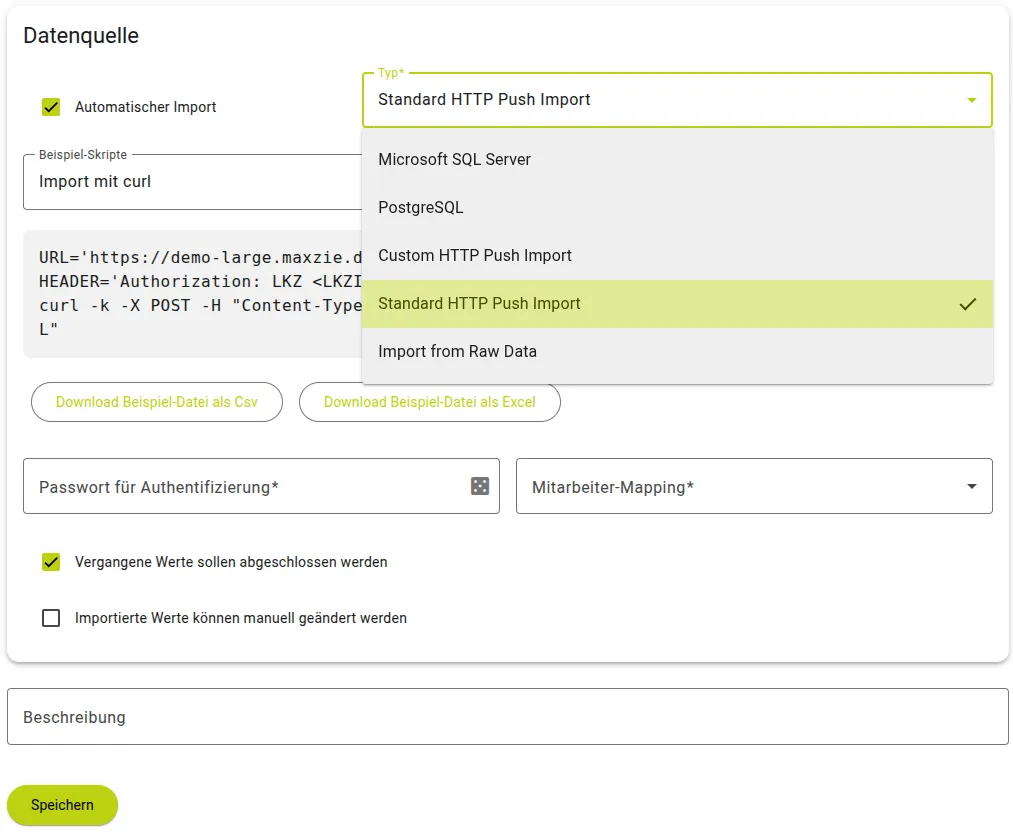 Screensshot Leistungskennzahl Import-Einstellungen