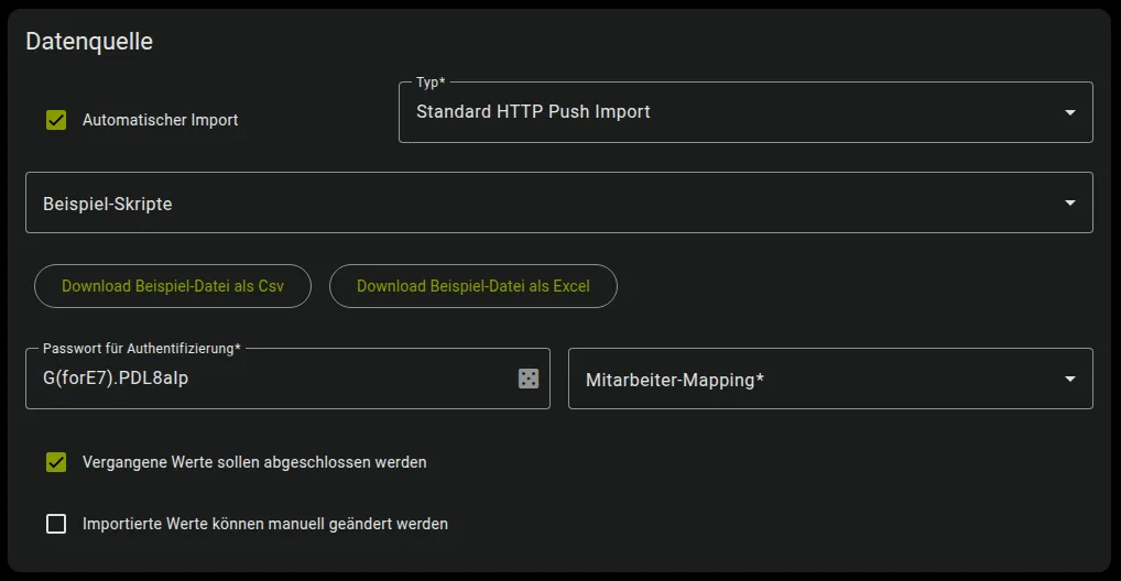 Screenshot Leistungskennzahl import Passwort für Authentifizierung